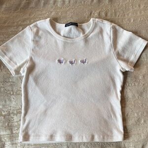 Brandy Melville White Tee with Purple Butterfly Embroidery